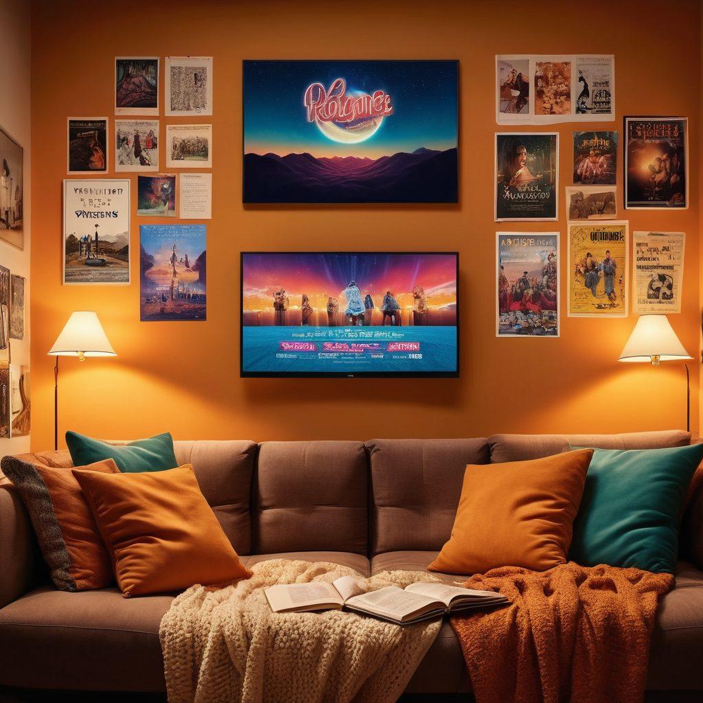 An intricate scene featuring a person sitting on a comfortable couch, engrossed in watching a large TV screen displaying vivid scenes from popular shows. Surrounding them are notes and notebooks filled with episode breakdowns and reviews, along with popcorn and a cozy blanket. The atmosphere is warm and inviting, with soft lighting and colorful posters of shows on the walls. super-realistic. warm colors. cozy home vibe.