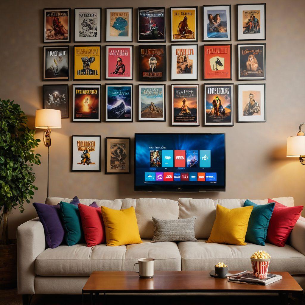 A cozy living room scene featuring a comfortable couch surrounded by colorful pillows, with a large TV screen displaying a vibrant array of show thumbnails. Soft lighting and a bowl of popcorn on the table create an inviting atmosphere, while subtle hints of hidden gems like a film reel, book, and game controller are placed strategically around the room. The walls are adorned with framed posters of diverse genres. warm colors. super-realistic.